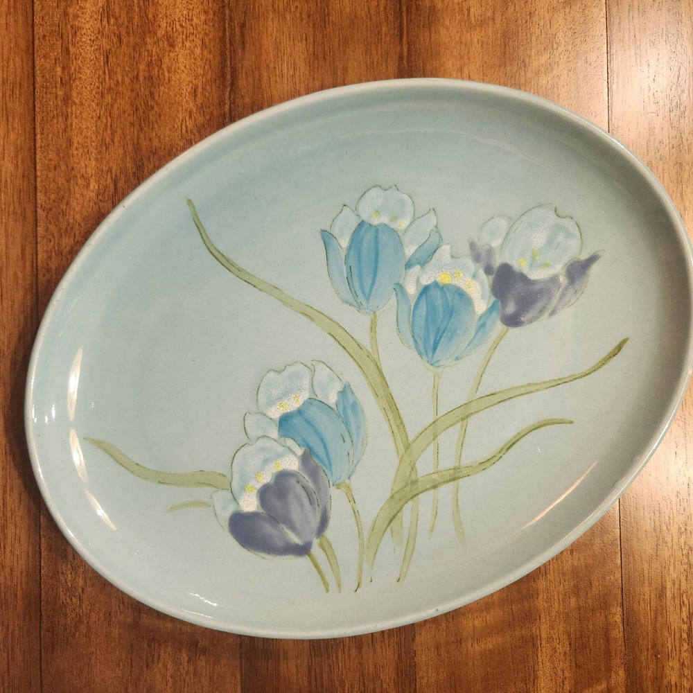 Metlox Vernon Ware Blue Tulips Oval Serving‎ Platter MCM California Handpainted